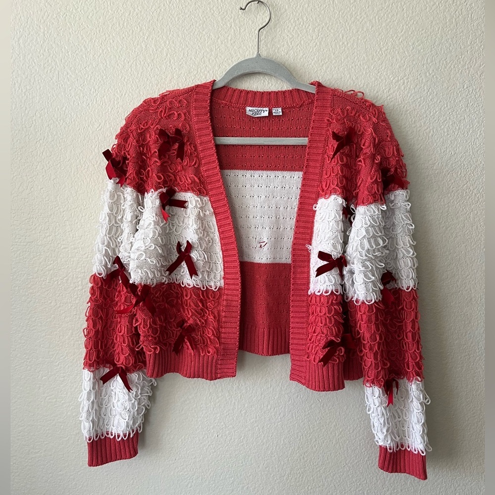 Mighty Fine Striped Red & White Bow Cardigan Sweater Women’s Size L - Picture 3 of 15